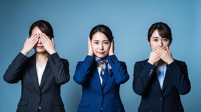 Businesswomen posing as three wise monkeys on blue background