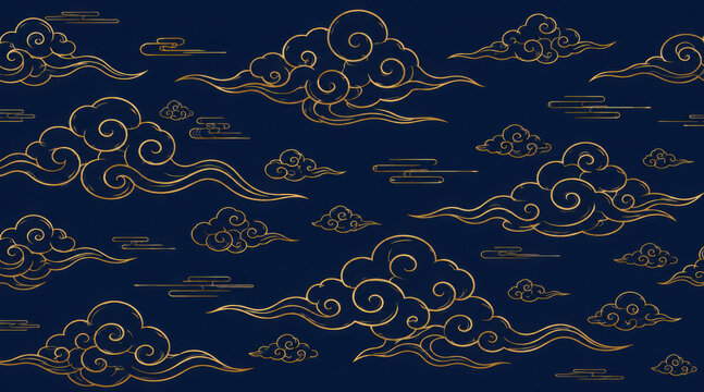 Traditional chinese style cloud pattern background, dark blue and gold line art illustration