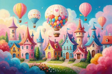 Fototapeta premium Whimsical cartoon town with colorful houses, tall towers. Bright hot air balloons fly in blue sky with puffy clouds. Dreamy fairytale village landscape features cute architecture, flowers, green
