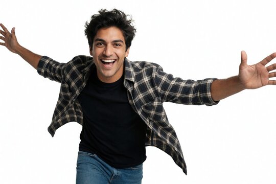 Joyful young man runs forward with open arms, excited expression. Cheerful guy in plaid shirt, black tee celebrates success on white background. Happy male person shows high energy, freedom, pure