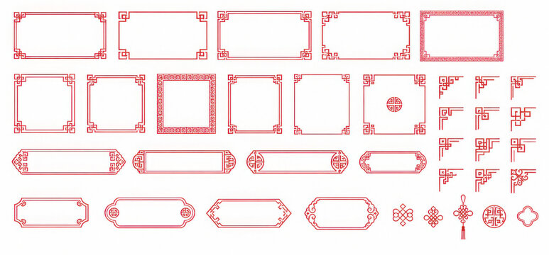 Chinese frame border line lunar new year red knot Asian art vector oriental decorative set traditional graphic design ornaments square a3 a4 corner sign
