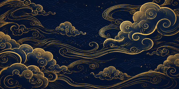 Vector japanese, chinese clouds background. Line golden asian sky pattern, curl drawn wind ornament, wave elegant poster.