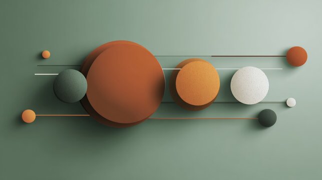 Abstract 3d geometric composition with floating spheres and disks interconnected by lines in earthy green and terracotta tones.