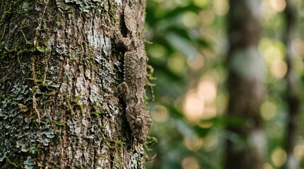 Fototapeta premium lizard camouflaged on a rough tree trunk in a sunny forest