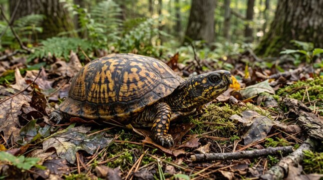 box turtle walking on the ground through the fallen leaves in a green forest