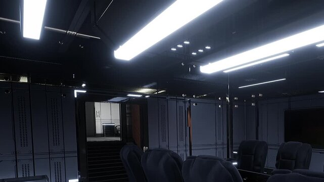A conference room with dark walls and bright lights. The room contains black chairs, a large screen, and a staircase leading to another area.