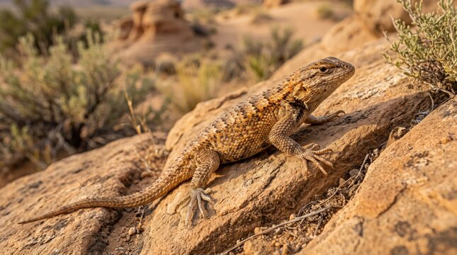 Bearded dragon lizard resting on a warm brown rock in the hot desert sun