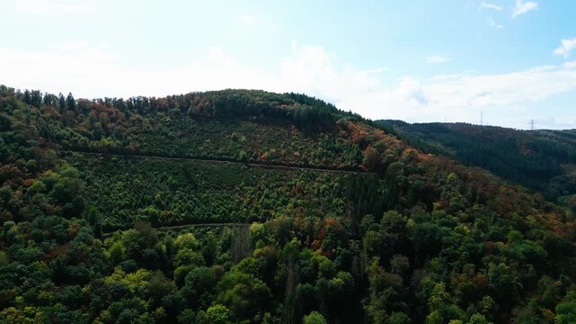 Flug &uuml;ber den Calmont-Kamm hinweg &uuml;ber herbstlichen Wald