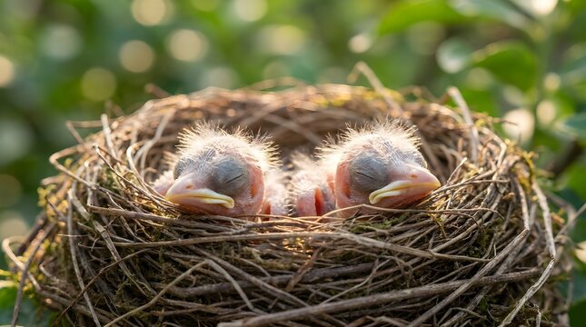 Close-up of two newborn baby birds sleeping in a twig nest with natural green bokeh background