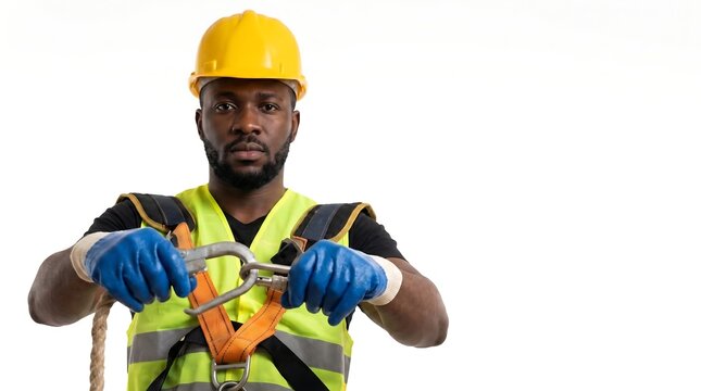 Industrial Worker in Safety Harness Holding Carabiner and Rope