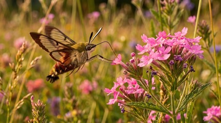Naklejka premium Hummingbird moth flying and feeding on pink flowers in a sunny summer meadow