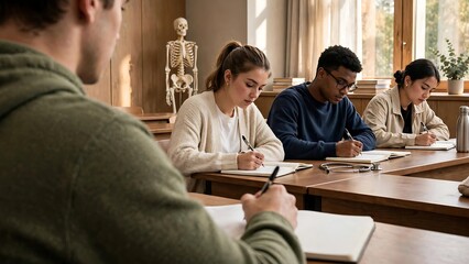 Obraz premium Diverse Students Writing Notes In Classroom During Medical University Lecture