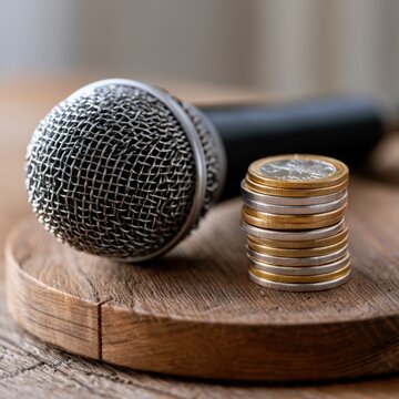 A close-up shot of a metallic microphone lying next to a stack of golden and silver coins on a wooden surface symbolizing the value of speech and performance ea