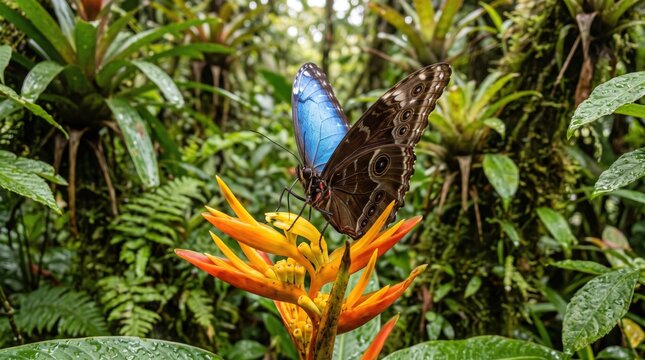 blue morpho butterfly resting on a bright orange flower in a lush green rainforest