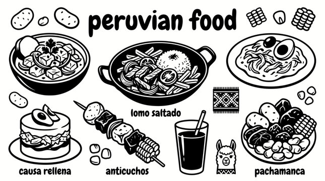 Peruvian foods featuring ceviche lomo saltado aj&iacute; de gallina causa rellena anticuchos pachamanca and traditional dishes vector cuisine restaurants culinary tourism food menus cultural festivals