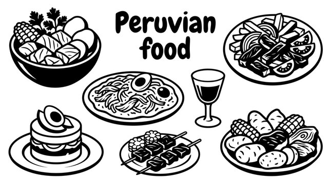 Peruvian foods featuring ceviche lomo saltado aj&iacute; de gallina causa rellena anticuchos pachamanca and traditional dishes vector cuisine restaurants culinary tourism food menus cultural festivals