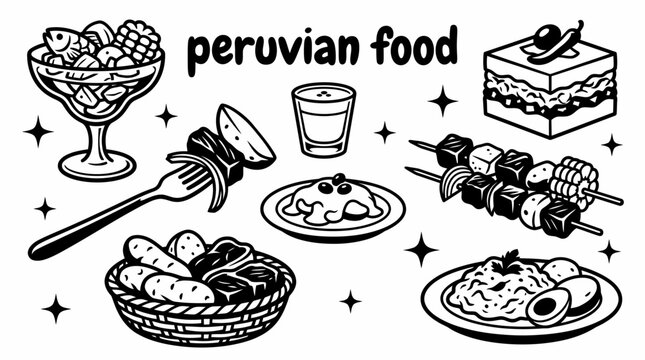 Peruvian foods featuring ceviche lomo saltado aj&iacute; de gallina causa rellena anticuchos pachamanca and traditional dishes vector cuisine restaurants culinary tourism food menus cultural festivals
