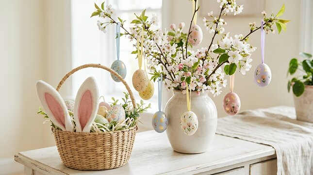 Seasonal Spring Display Featuring Colorful Decorative Eggs Suspended On Flowering Floral Boughs Beside Soft Rabbit Ears easter eggs spring blossom branches bunny ears basket pastel floral seasonal