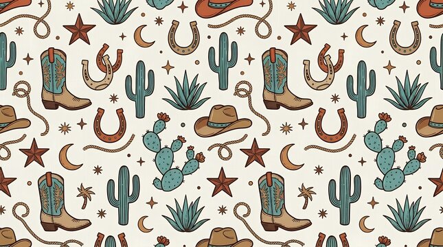 Western aesthetic continuous surface design featuring footwear horse shoes celestial shapes desert flora and headwear western fashion boots horseshoe stars cactus hat pattern seamless background