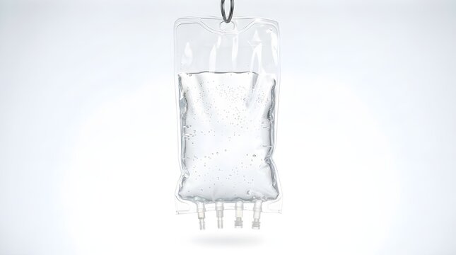 Intravenous IV drip bag with saline solution hanging against white background for medical therapy
