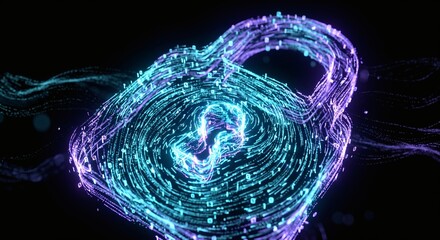 Naklejka premium Abstract digital padlock made of flowing glowing light particles and data streams in cyan and violet for cybersecurity and data encryption concept