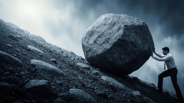 Man in suit pushes large boulder up rocky hill under cloudy sky. Symbolizes arduous work, overcoming obstacles, or Sisyphean task. Shows extreme effort and perseverance against a steep incline.