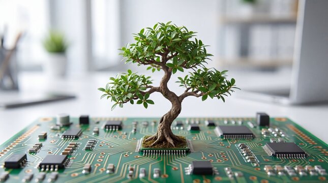 Bonsai tree growing from a computer circuit board. Technology innovation and sustainability concept connecting nature, artificial intelligence, electronics, and environmental responsibility.