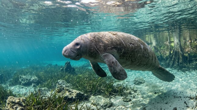 gray manatee swimming slowly in the clear blue water of a natural spring