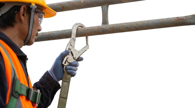 Construction worker securing safety harness hook on scaffolding pipe