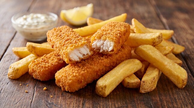 Breaded crispy fish stick with french fry on wooden table. Golden fried fish finger and chip with tartar sauce and lemon. British fast food and seafood snack concept