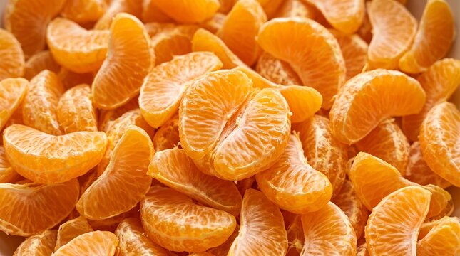 Background of peeled tangerine segments piled high creating vibrant orange citrus texture pattern ideal for juice labels healthy eating and freshness concept.