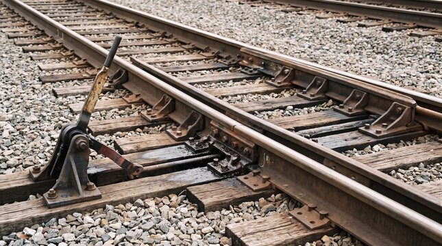 Close view of railway track switch mechanism with steel rails, wooden sleepers, gravel ballast, and manual lever for rail transport infrastructure and maintenance concept