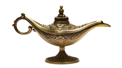 Ornate antique brass Aladdin lamp with intricate floral patterns, isolated on transparent background © Maria