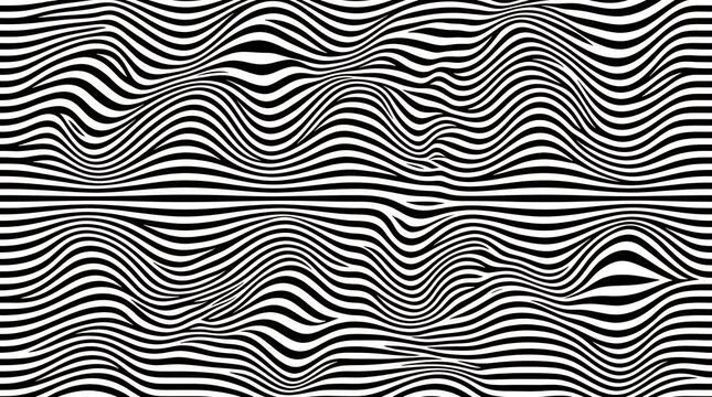 Dynamic Monochromatic Wavy Lines Displaying Visual Distortion Illusion Effect wavy black white horizontal lines pattern optical illusion effect monochrome abstract linear movement hypnotic distortion