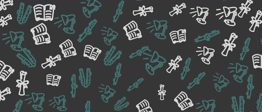 Seamless loop of educational icons like books, lamps, and scrolls drawn on a dark chalkboard background. Ideal for school, learning, or creative content.