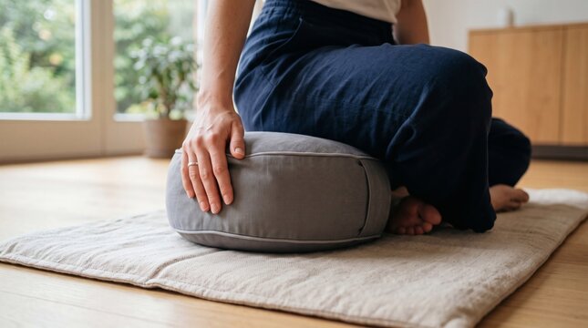 Person meditating on a zafu cushion and mat in a bright room with plants and wooden furniture