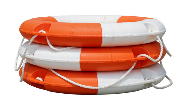 Three orange and white life preservers stacked, isolated on transparent background