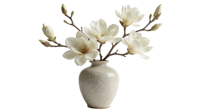 Creamy white magnolia flowers and buds in a cracked ceramic vase, isolated on transparent background