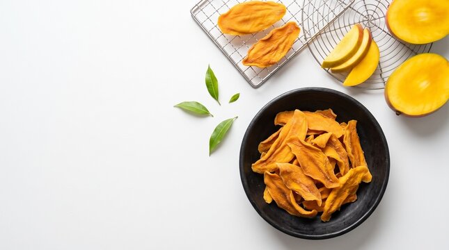 Dried mango slices and fresh mangoes with leaves on white background for healthy snacks and culinary use.