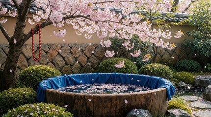 Naklejka premium Japanese garden with blooming cherry trees and petals falling into a wooden bath. Rich green bushes and stone walls frame this tranquil spring scene.