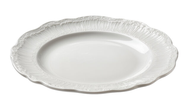 Ornate white porcelain oval serving platter with embossed decorative rim, isolated on transparent background