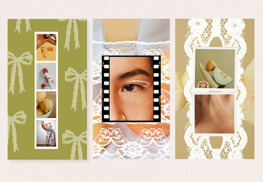Elegant triple collage template with lace patterns, fashion details and warm autumn textures