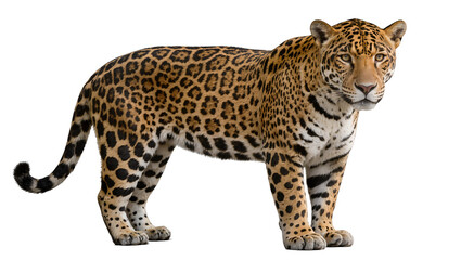 Majestic jaguar with spotted fur standing alert, isolated on transparent background © Maria