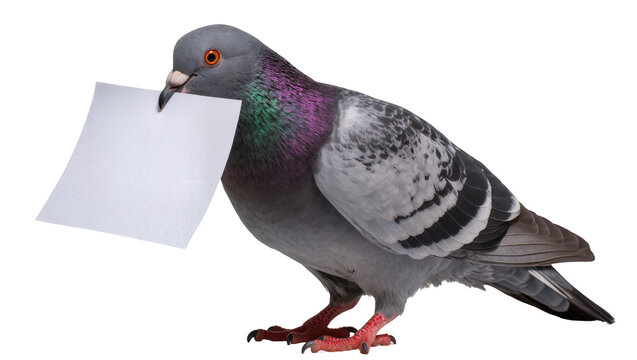 Gray pigeon bird holding blank white paper in beak, isolated on transparent background