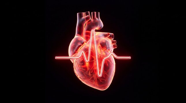 Glowing abstract anatomical heart with flowing neon lines on a dark background. Medical innovation, cardiology, healthcare technology, love, vitality, and emotional strength concept with copy space.