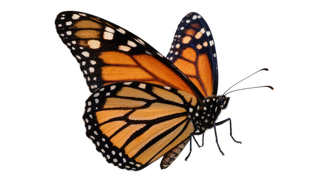 Orange monarch butterfly with black veins and white spots, isolated on transparent background