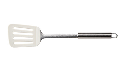 Slotted white plastic spatula with brushed metal handle, isolated on transparent background