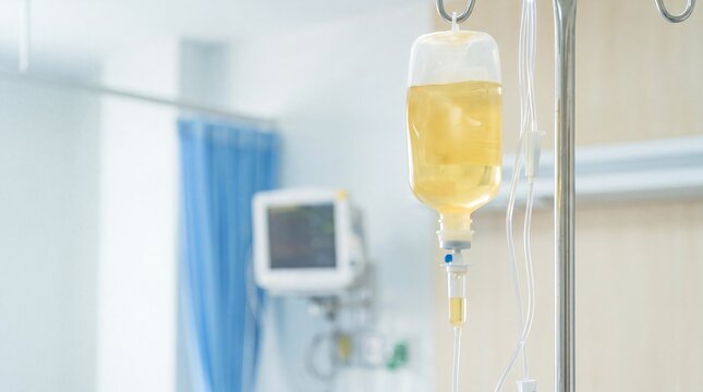Intravenous fluid bag hanging beside hospital monitor. Medical treatment and patient care concept with copy space for healthcare communication.