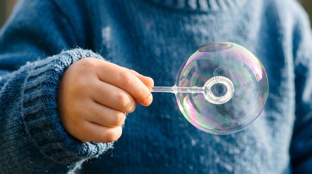 Close up child hand holding soap bubble wand with large iridescent bubble outdoor