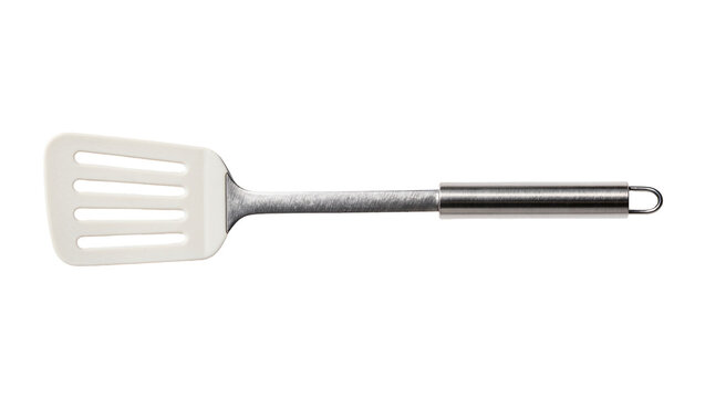Slotted white plastic spatula with brushed metal handle, isolated on transparent background